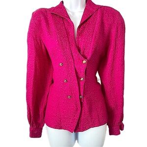 Vintage Silk Hot Pink Button-Up Statement Shoulder Barbiecore Long Sleeve Blouse